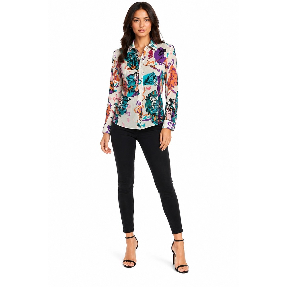 Milk & Honey Women Sm Graphic Print Button Down Shirt Long Sleeve Blouse Multi